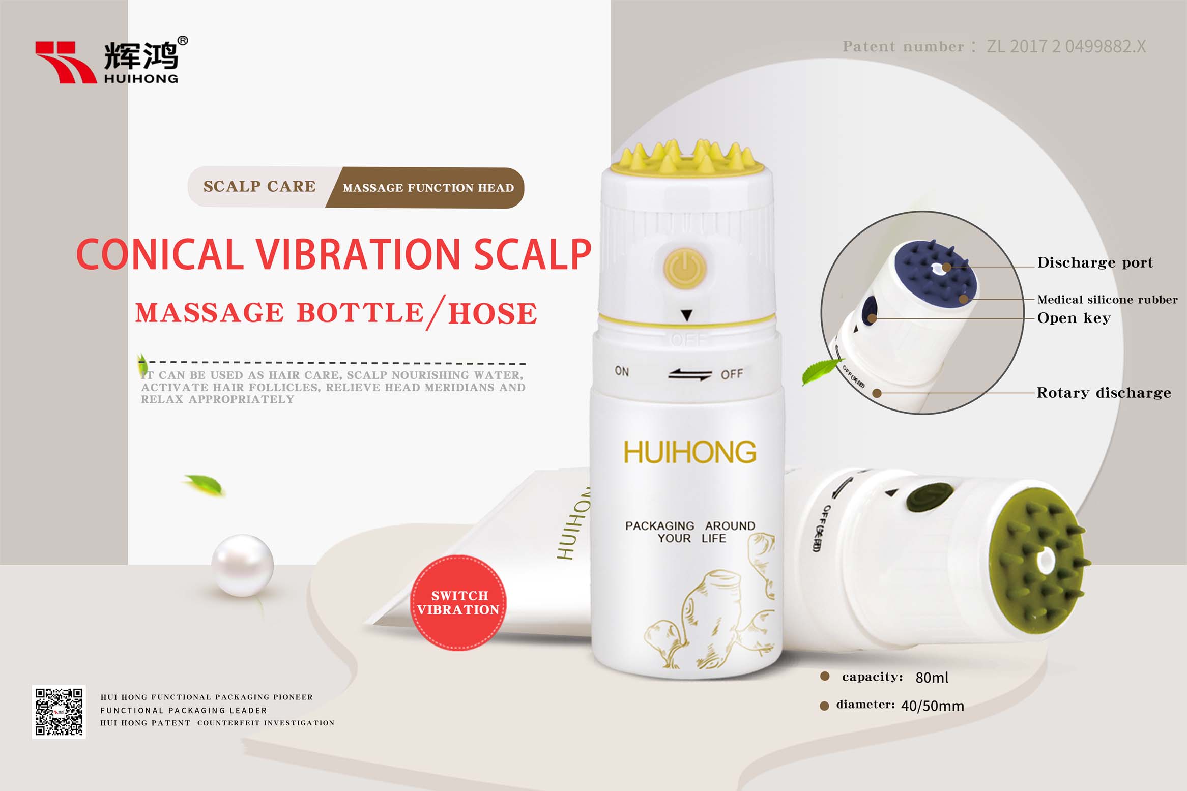 innovador paquete patentado de masaje vibratorio cónico para el cuero cabelludo
